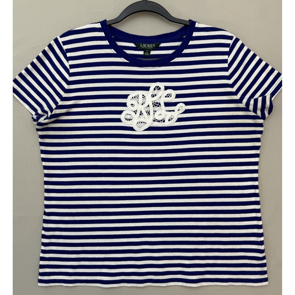 Lauren Ralph Lauren Shirt Women's XL Blue White Striped Lace LRL Logo Tee Cotton
